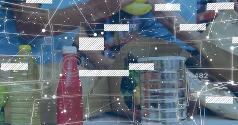 Grocery counter showcasing condiments, tiffin and bananas with digital data overlay