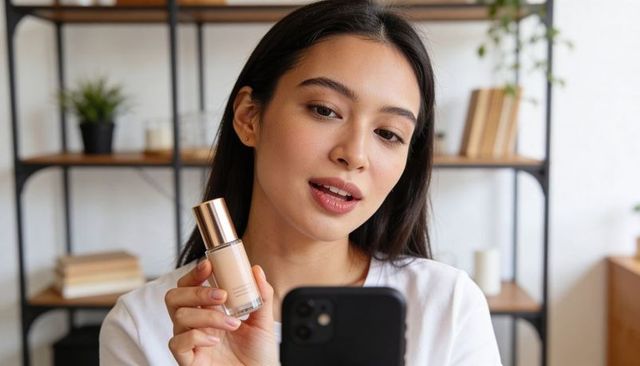 Asian woman holding liquid foundation while filming makeup tutorial and product review