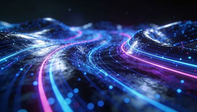 Streaming neon light ribbons flowing across reflective digital landscape tech background