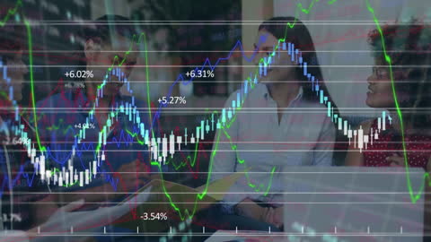 Diverse Team Meetings with Financial Data Overlay
