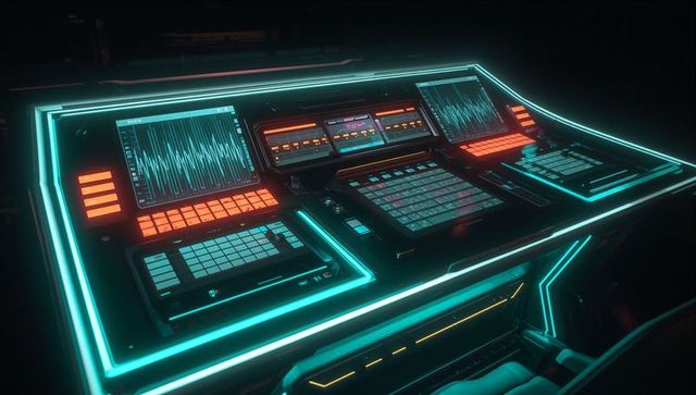 Futuristic command console with neon accents and digital waveform screens