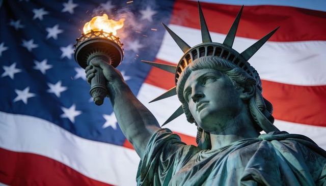 Statue of liberty holding torch with fiery flame against waving american flag at dusk