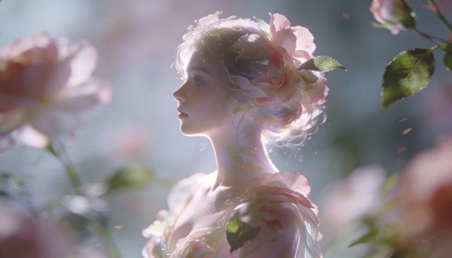 Ethereal rose goddess portrait wearing floral crown and rose-adorned dress in pastel light