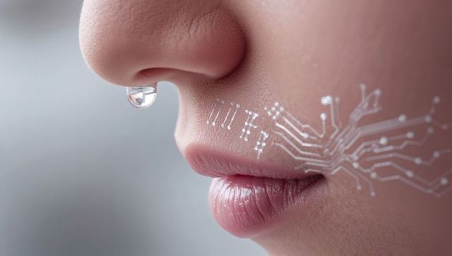 Macro closeup nose dripping droplet with white circuit traces on cheek and glossy lips, skin texture