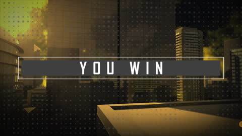 You Win Text Overlay on City Skyline with Sci-Fi Technology Theme