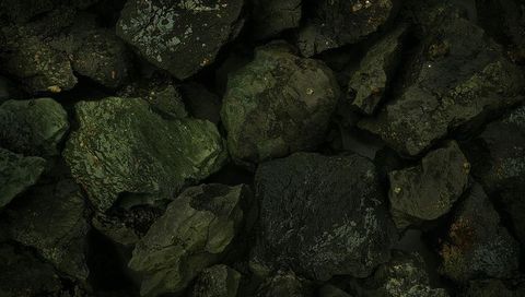 Dark green coastal rocks with moss lichen and rusty stains textured closeup