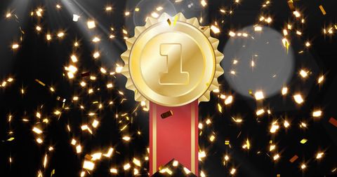 Golden medal with sparkling confetti on black background