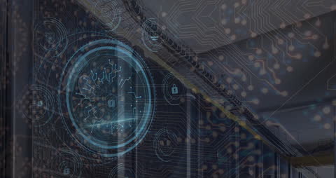 Digital Connections Overlaying Server Room and Padlocks