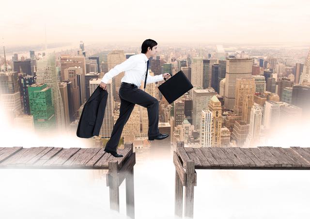 Digital generated image of businessman holding briefcase and crossing pier against city background