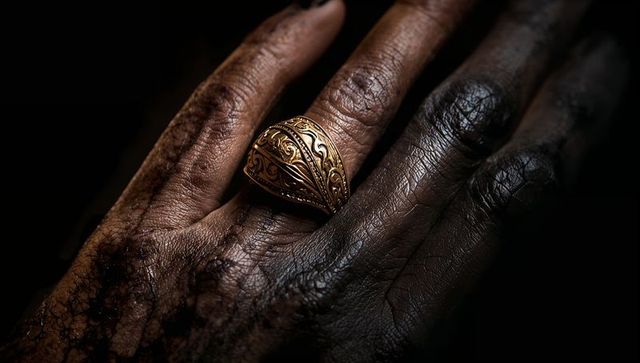 Ornate gold filigree ring resting on weathered dark hand, dramatic low-key jewelry closeup