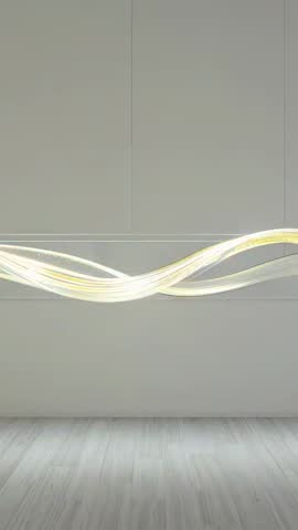 Vertical abstract glowing ribbon wave sweeping across minimalist panel wall, shifting hues