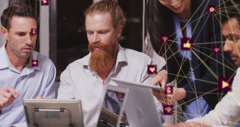 Team Collaborating with Digital Interface and Network Connections