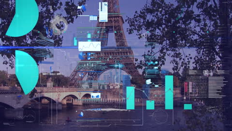 Digital Data Animation Over Paris Urban Landscape