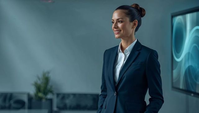 Confident businesswoman standing in modern minimalist blue office lobby looking left