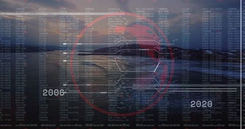 Futuristic HUD overlay tracking coastal horizon with red reticle, data readouts 2006-2020