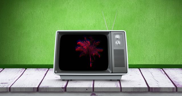 Retro TV Displaying Palm Tree with Glitch Effect on Green Background - Download Free Stock Images Pikwizard.com