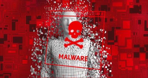 Human-shaped tile statue disintegrating into fragments with red malware skull warning glitch