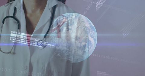 Doctor With Holographic Globe and Pink Ribbon Raising Global Breast Cancer Awareness