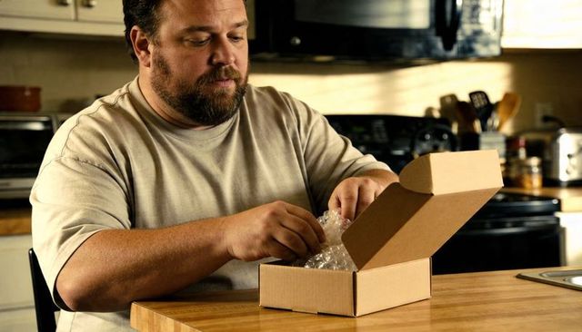 Middle-aged man unboxing package at kitchen table, removing bubble wrap, casual beige tee