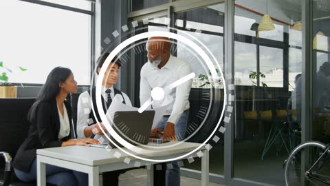 Dynamic Clock Animation Over Diverse Colleague Collaboration in Modern Office