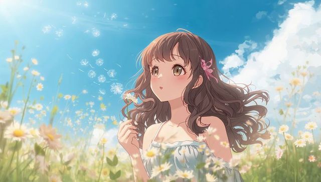 Asian Teen Girl with Daisy in Flower-Filled Pastoral Field