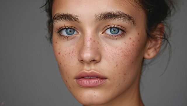 Teenage female-presenting closeup showing freckles and active acne with blue eyes