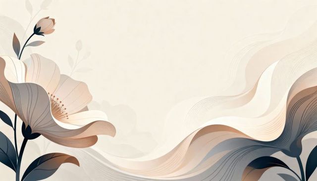 Elegant beige floral wave with stylized blossoms, flowing ribbons, minimal botanical design