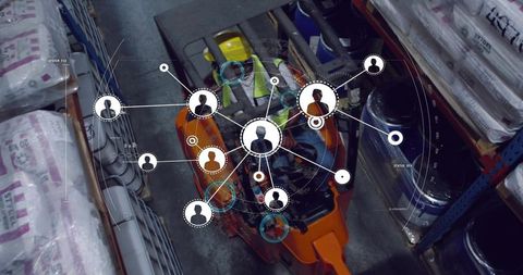 Forklift operator navigating smart warehouse network with safety and connectivity overlay
