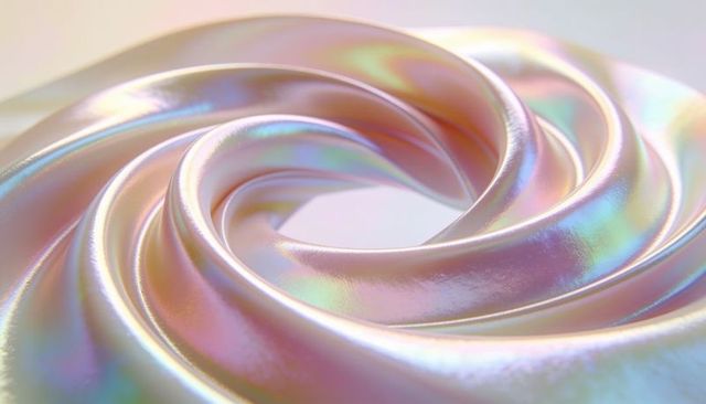 Iridescent pearl spiral torus glossy ribbon macro abstract sculpture with pastel hues
