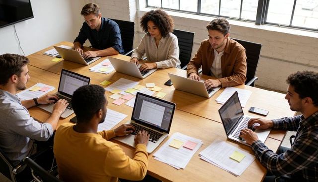 Collaborating team of six typing on laptops around conference table in modern office