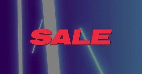 Red 3d sale lettering floating over neon purple-to-teal gradient with glowing beams