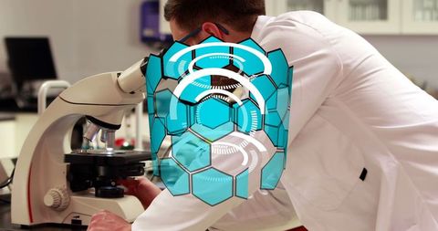Scientist using microscope with digital interface overlay