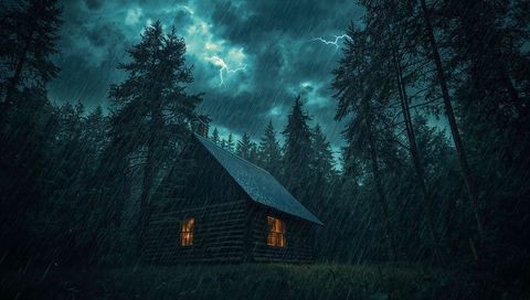 Remote pine cabin glowing amber windows during lightning storm and heavy rain