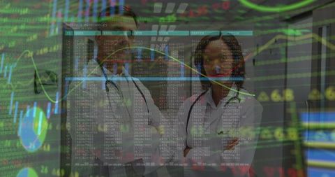 Doctors Analyzing Global Data with Digital Interface Overlay