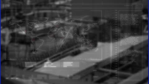 Futuristic Digital Interface with Global Map and Data in Warehouse