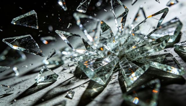 Shattering glass starburst scattering light with prismatic shards and iridescent glints
