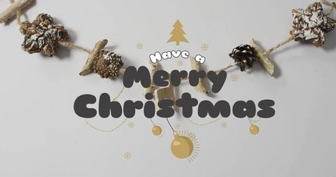 Merry christmas bubble typography featuring rustic pinecone and jute garland on neutral flatlay