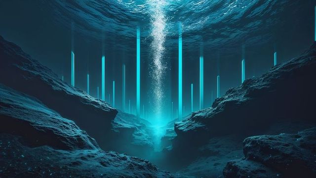 Surreal Glowing Light Pillars in Mysterious Underwater Canyon