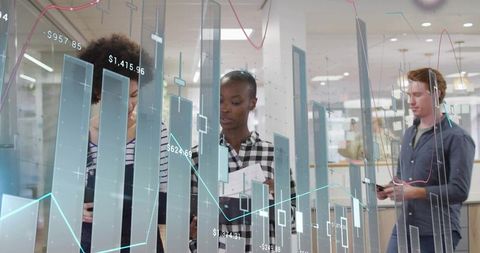 Team Collaborating on Interactive Financial Charts and Data Visualization on Glass Wall