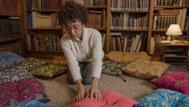 Kneeling woman arranging cushions in cozy home library reading nook with lamp and books