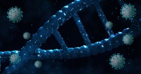 Dna helix with floating virus particles on blue background