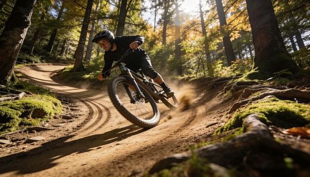 Dynamic mountain biker leaning into berm on sunlit autumn forest trail kicking up dust