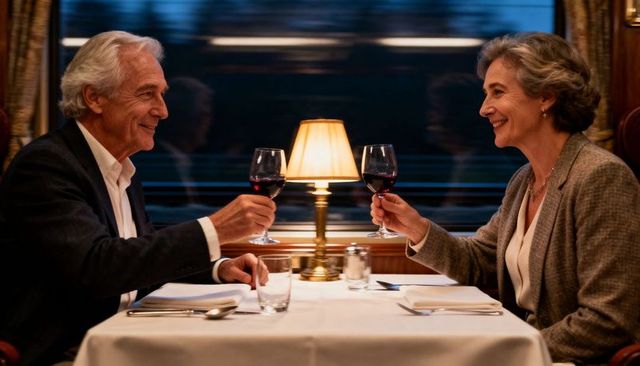 Elegant senior couple toasting red wine in luxury train dining car romantic evening