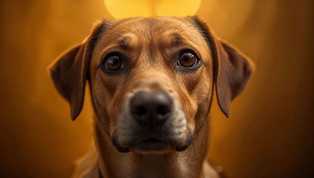 Brown dog staring into camera with soulful eyes, wet nose and warm golden bokeh