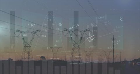Surreal power lines at dusk with mathematical overlay