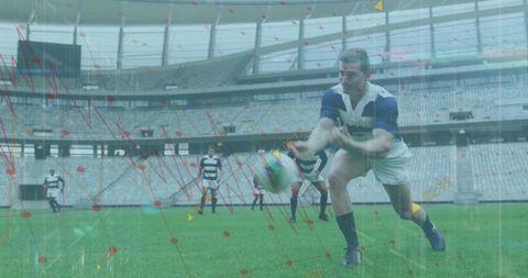 Rugby Players in Action with Data Overlay at Stadium