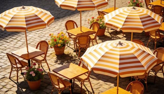 Sunlit cafe terrace with yellow striped umbrellas, wicker chairs and flower planters