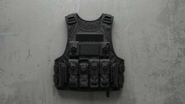 Black tactical vest with magazine pouches on concrete background