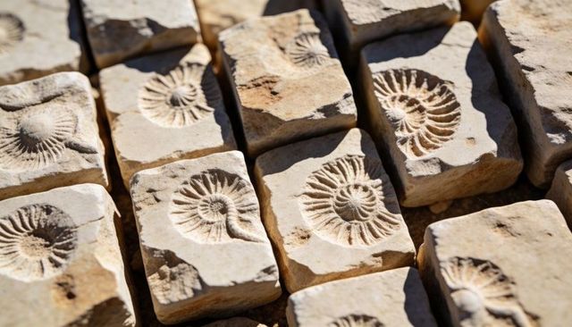 Sunlit limestone blocks displaying ammonite fossils in grid pattern at outdoor excavation macro view