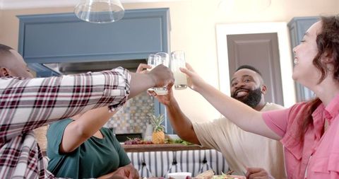 Diverse Group of Friends Toasting at Home Dining Table